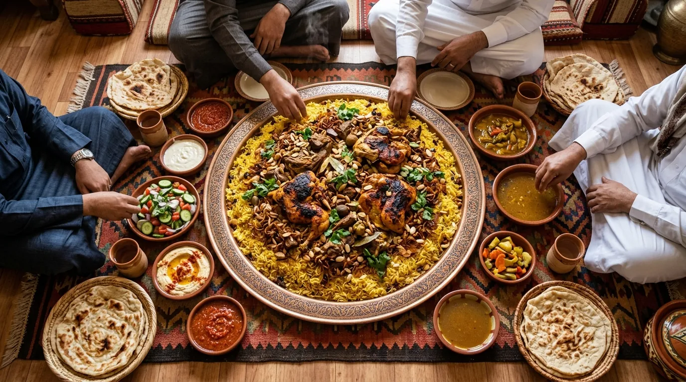 Overhead spread of an authentic Mandi feast with roasted chicken, mutton, and beef over golden rice