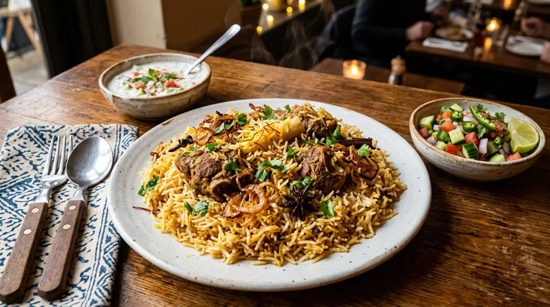 Mutton biryani served with raita and saffron rice